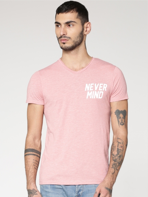 

ONLY & SONS Men Pink Solid V-Neck T-shirt