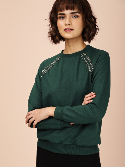 

all about you Women Green Solid Crystal Embellished Sweatshirt