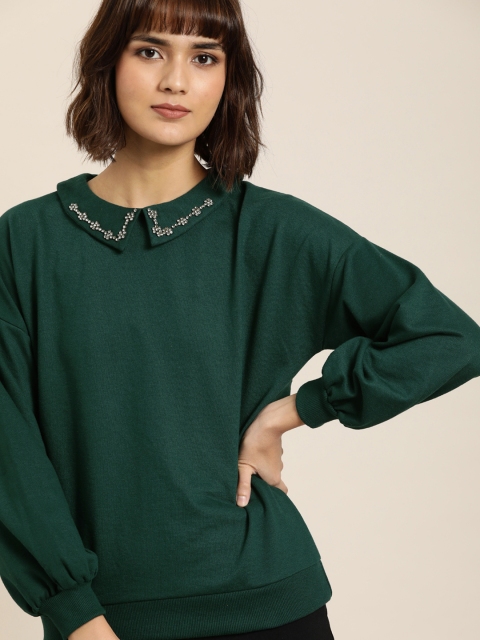 

all about you Women Green Solid Embellished Crystal Collar Sweatshirt