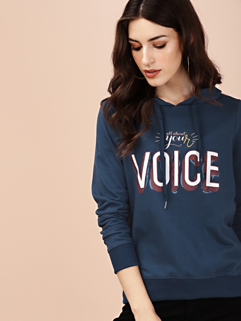 

all about you Women Navy Blue Printed Hooded Sweatshirt