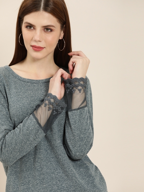 

all about you Women Blue Solid Sweatshirt With Lace Details