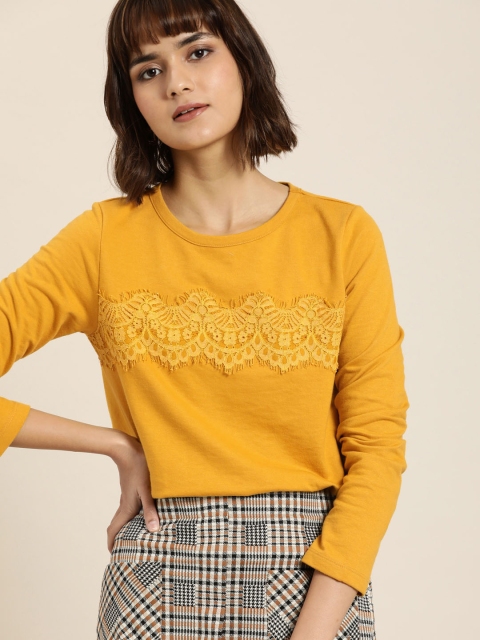 

all about you Women Mustard Yellow Solid Lace Front Sweatshirt