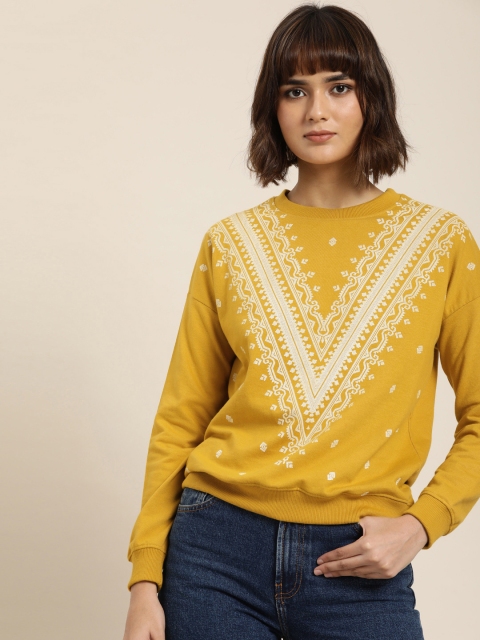 

all about you Women Mustard Yellow White Jamdani Printed Sweatshirt