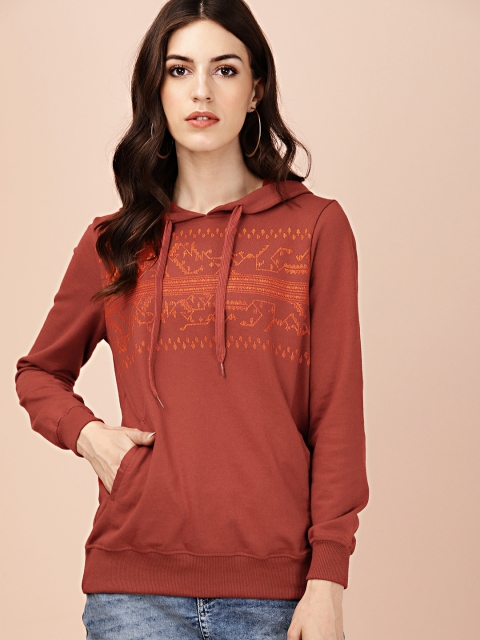 

all about you Women Rust Brown Printed Hooded Sweatshirt
