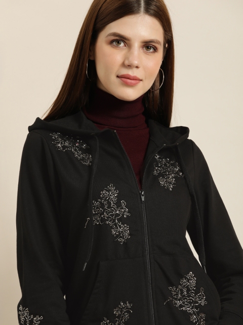 

all about you Women Black Embellished Hooded Sweatshirt