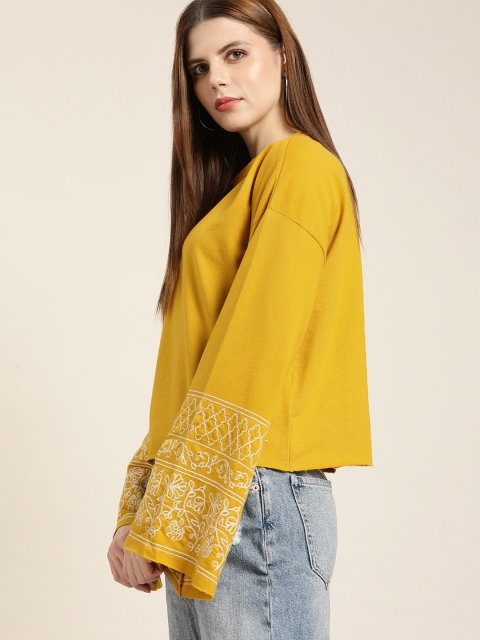 

all about you Women Mustard Yellow Solid Embroidered Sweatshirt