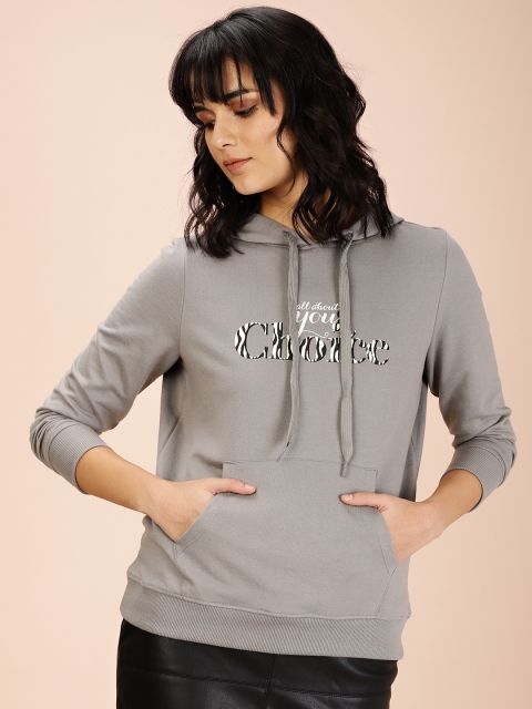 

all about you Women Grey Front Slogan Printed Hooded Sweatshirt