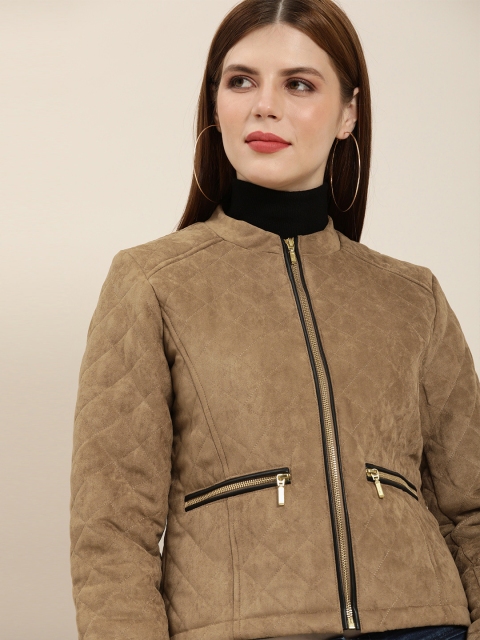 

All About You Women Tan Brown Solid Suede Quilted Jacket