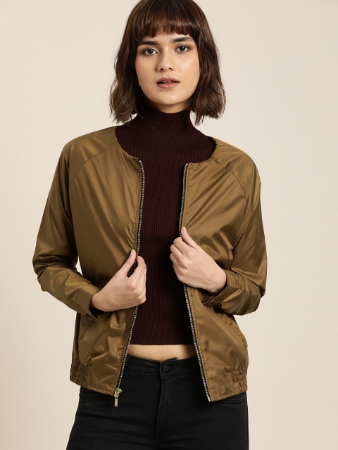 

all about you Women Mustard Brown Solid Satin Sheen Bomber Jacket