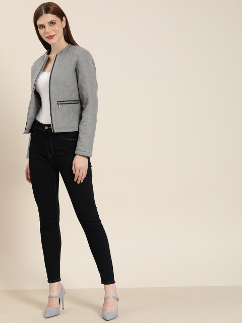 

All About You Women Grey Solid Suede Quilted Jacket