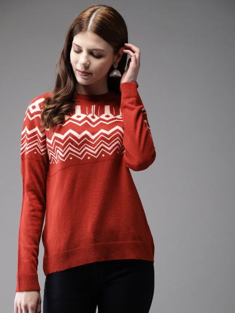 

Anouk Women Rust Brown & Off-White Woven Design Sweater