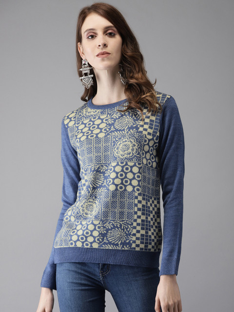 

Anouk Women Blue & Off-White Self Design Sweater