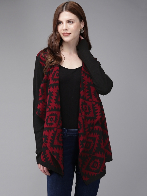 

Anouk Women Black & Red Self Design Front-Open Sweater