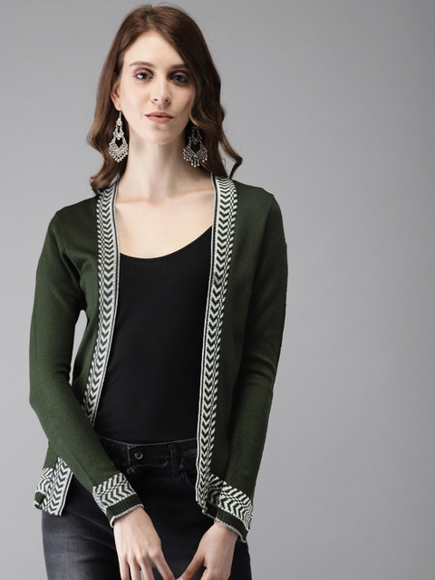 

Anouk Women Olive Green Solid Open Front Sweater