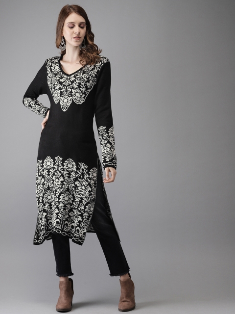 

Anouk Women Black & White Woven Design Straight Sweater Kurta
