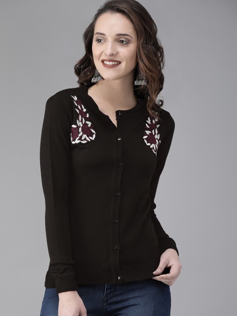 

Anouk Women Black Solid Embroidered Cardigan