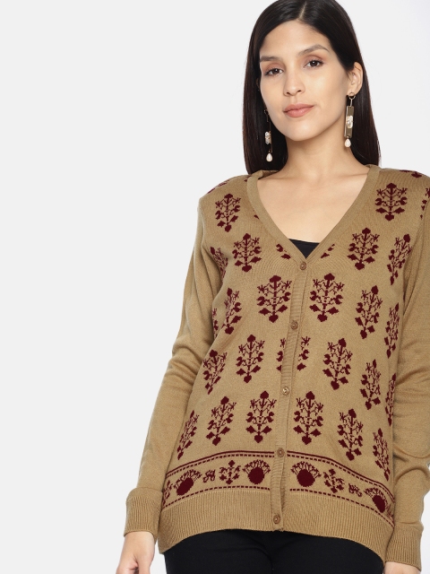 

Anouk Women Khaki & Burgundy Self Design Sweater