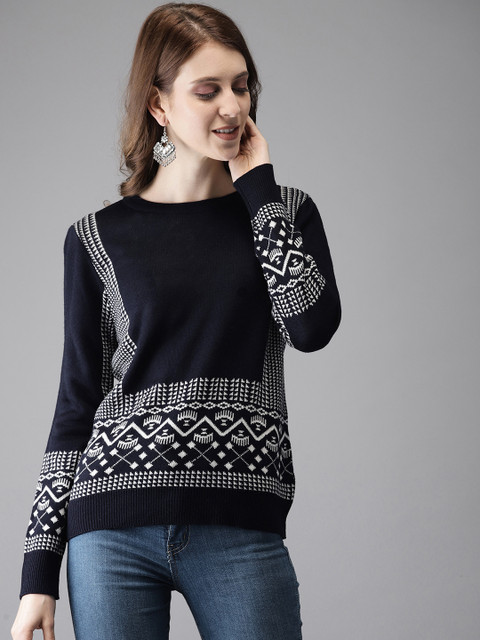 

Anouk Women Navy Blue & Off-White Self Design Sweater