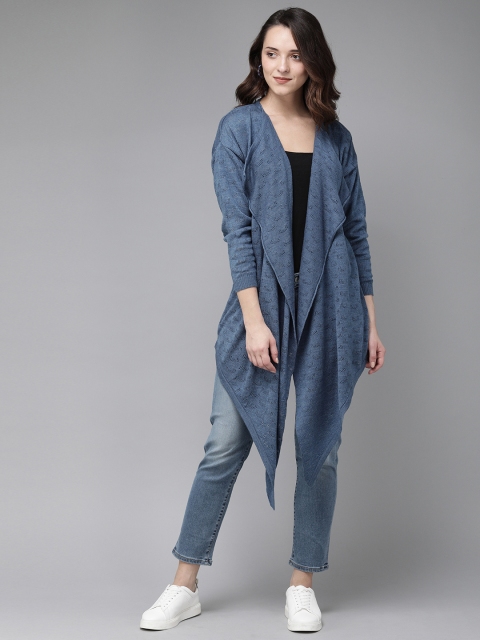 

Anouk Women Blue Self-Design Open Front Shrug