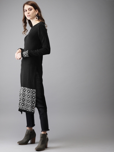 

Anouk Women Black & White Woven Design Straight Sweater Kurta