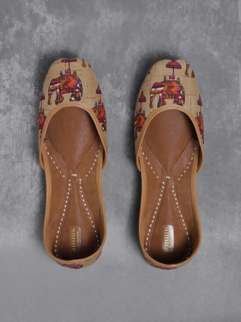 

Anouk Women Beige & Red Printed Mojaris