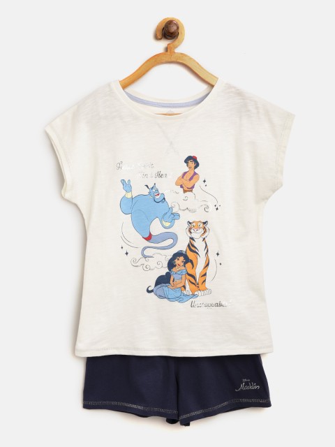 

Marks & Spencer Kids Off-White & Navy Blue Printed T-shirt with Shorts