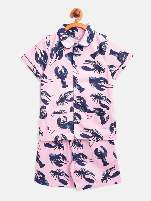 

Marks & Spencer Kids Pink & Navy Blue Printed Night suit T865404