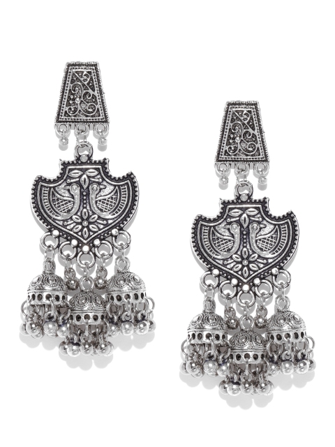 

Fida Silver-Toned Oxidised Contemporary Drop Earrings