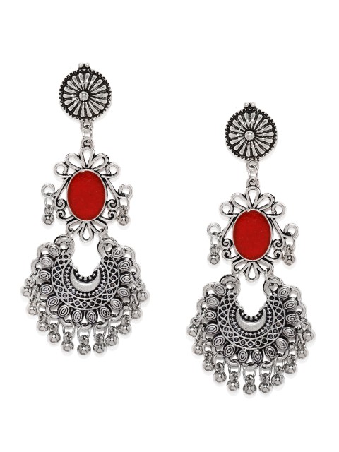 

Fida Red & Silver-Toned Oxidised Contemporary Drop Earrings
