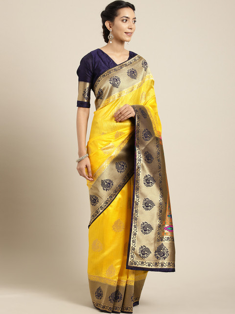 

Aarrah Yellow & Navy Blue Woven Design Pure Marathi Paithani Silk Saree