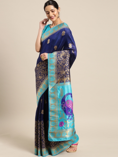 

Aarrah Navy Blue Woven Design Pure Silk Saree