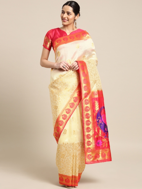 

Aarrah Cream-Coloured & Red Pure Silk Woven Design Saree