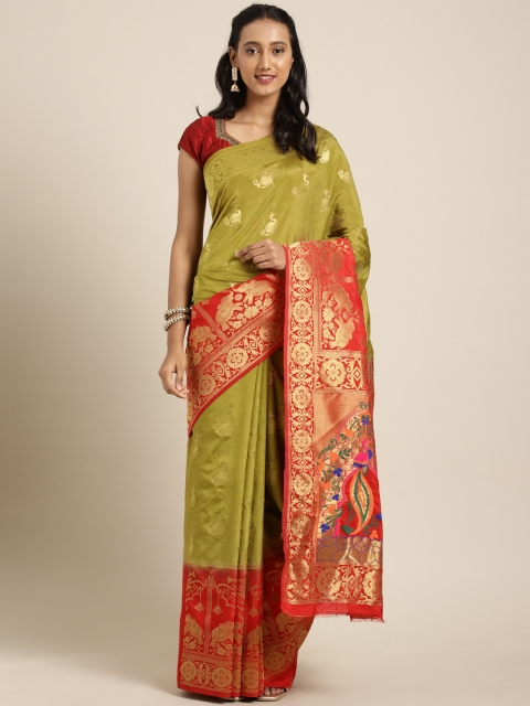 

Aarrah Green & Red Woven Design Pure Marathi Paithani Silk Saree