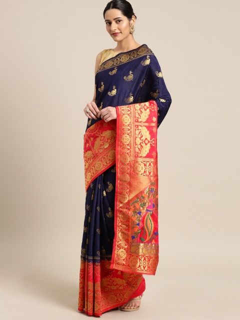 

Aarrah Women Navy Blue & Red Woven Design Marathi Paithani Pure Silk Saree