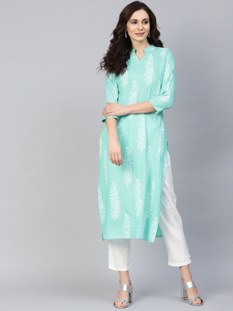 

Yufta Women Green & White Printed Kurta with Trousers