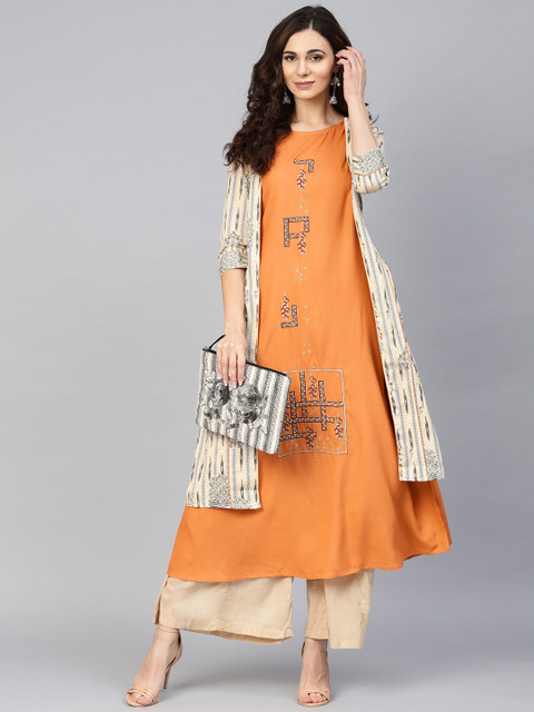 

Yufta Women Orange Embroidered A-Line Kurta with Ethnic Jacket