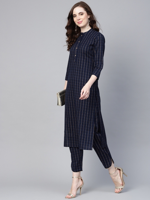 

Yufta Women Navy Blue & Gold-Toned Printed Kurta with Trousers