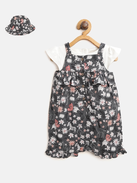 

Marks & Spencer Kids Charcoal Grey & White Printed Rompers with Bodysuit and Hat
