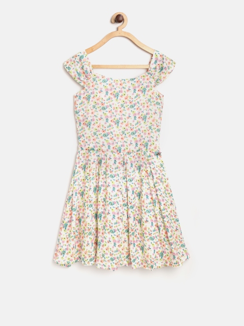 

Gini and Jony Girls White & Teal Green Printed Fit and Flare Dress