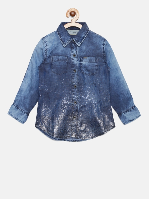 

Gini and Jony Girls Blue & Silver Washed Chambray Shirt with Printed Detail