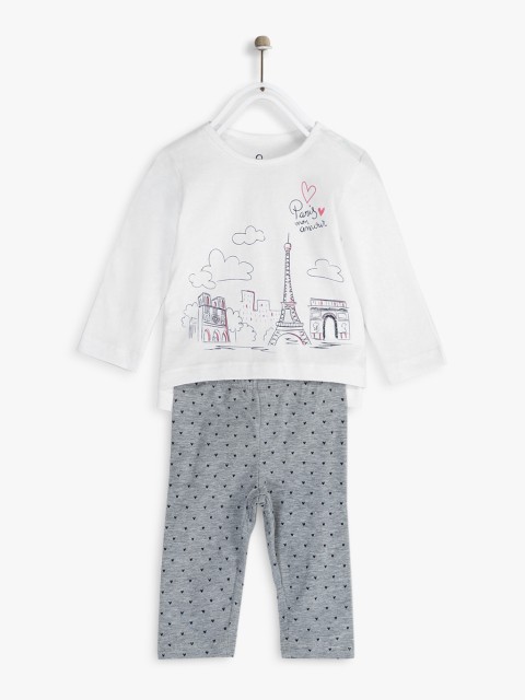 

Losan Girls White & Grey Melange Printed T-shirt with Pyjamas