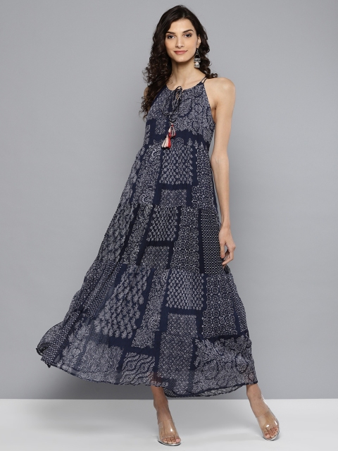 

Label Ritu Kumar Women Navy Blue & White Printed Tiered Maxi Dress