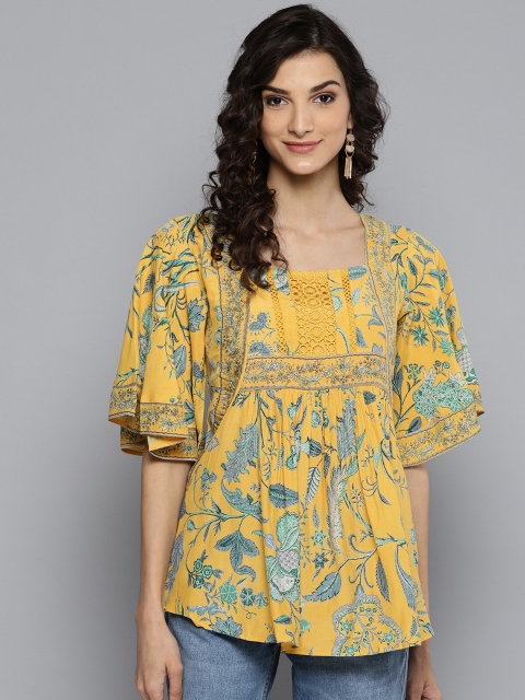 

Label Ritu Kumar Women Yellow & Green Printed A-Line Top