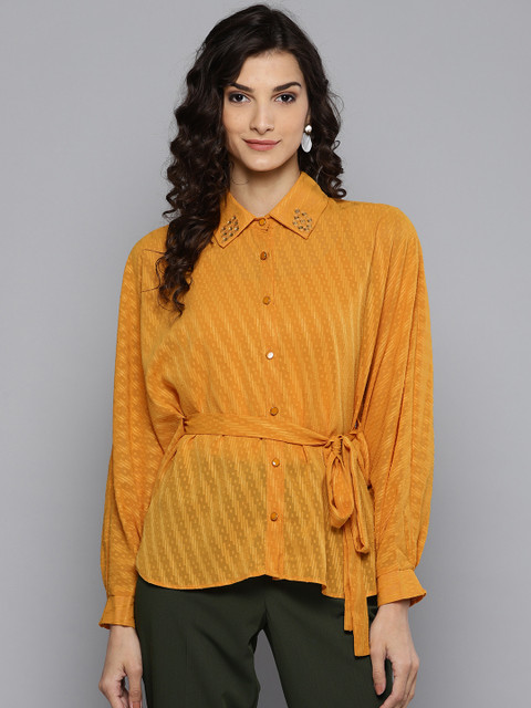 

Label Ritu Kumar Women Mustard Yellow Self Design Casual Shirt with Belt