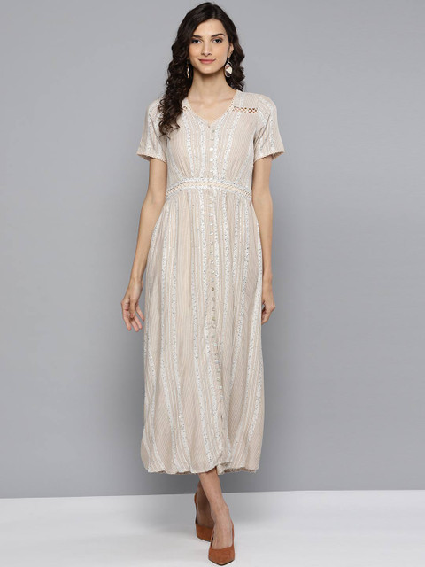 

Label Ritu Kumar Women Beige Striped Maxi Dress
