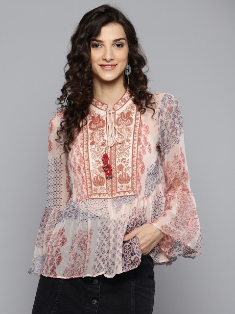 

Label Ritu Kumar Women Peach-Coloured & Blue Printed Semi-Sheer A-Line Top