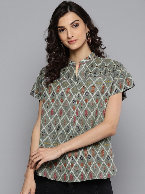 

Label Ritu Kumar Women Grey Printed Shirt Style Top