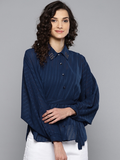 

Label Ritu Kumar Women Navy Blue Self Design Casual Shirt with Belt