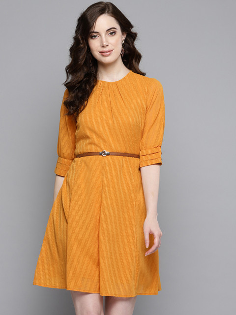 

Label Ritu Kumar Women Mustard Yellow Self Design A-Line Dress