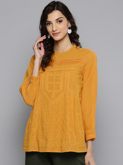 

Label Ritu Kumar Women Mustard Yellow Embroidered A-Line Top